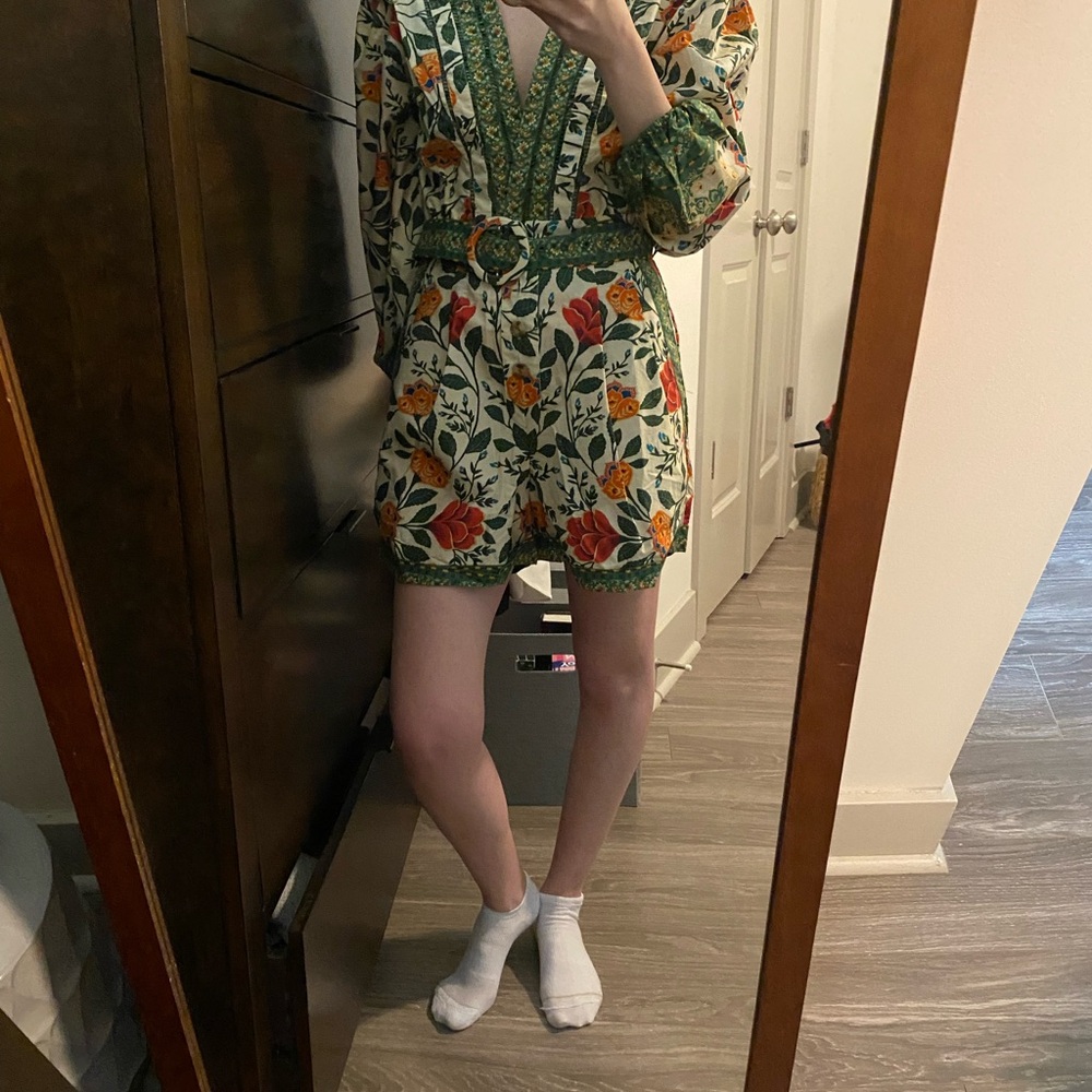 FARM Rio Red and Orange Resort Mini Dress with Plunge Neckline